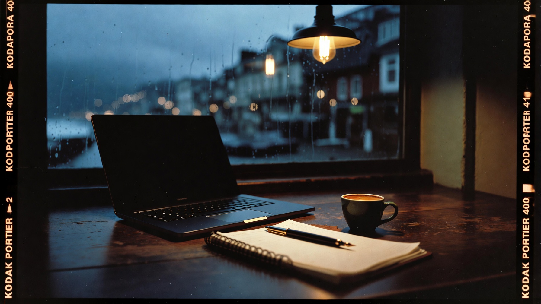 A night desk: rain on the window, a laptop, a notebook, a coffee