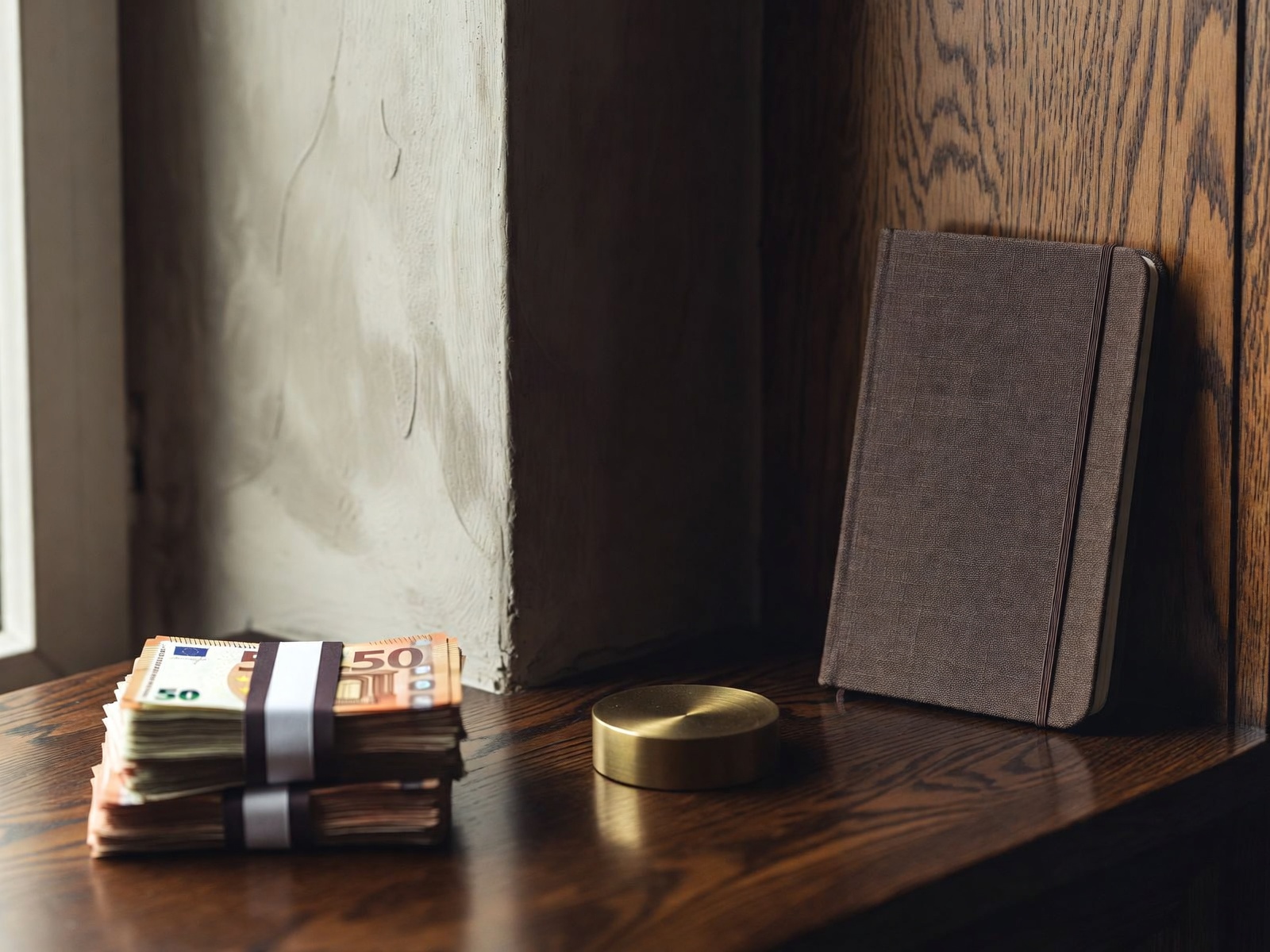 Still life of a desk ledger and paperweight